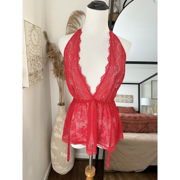 Victoria's Secret Other - Victoria’s Secret Size Medium Red Lace Halter Babydoll Garter Lingerie